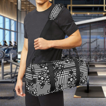 Black And White Floral Glen Plaid Print Gym Bag
