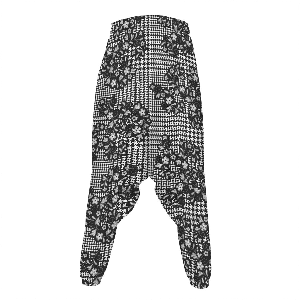 Black And White Floral Glen Plaid Print Hammer Pants