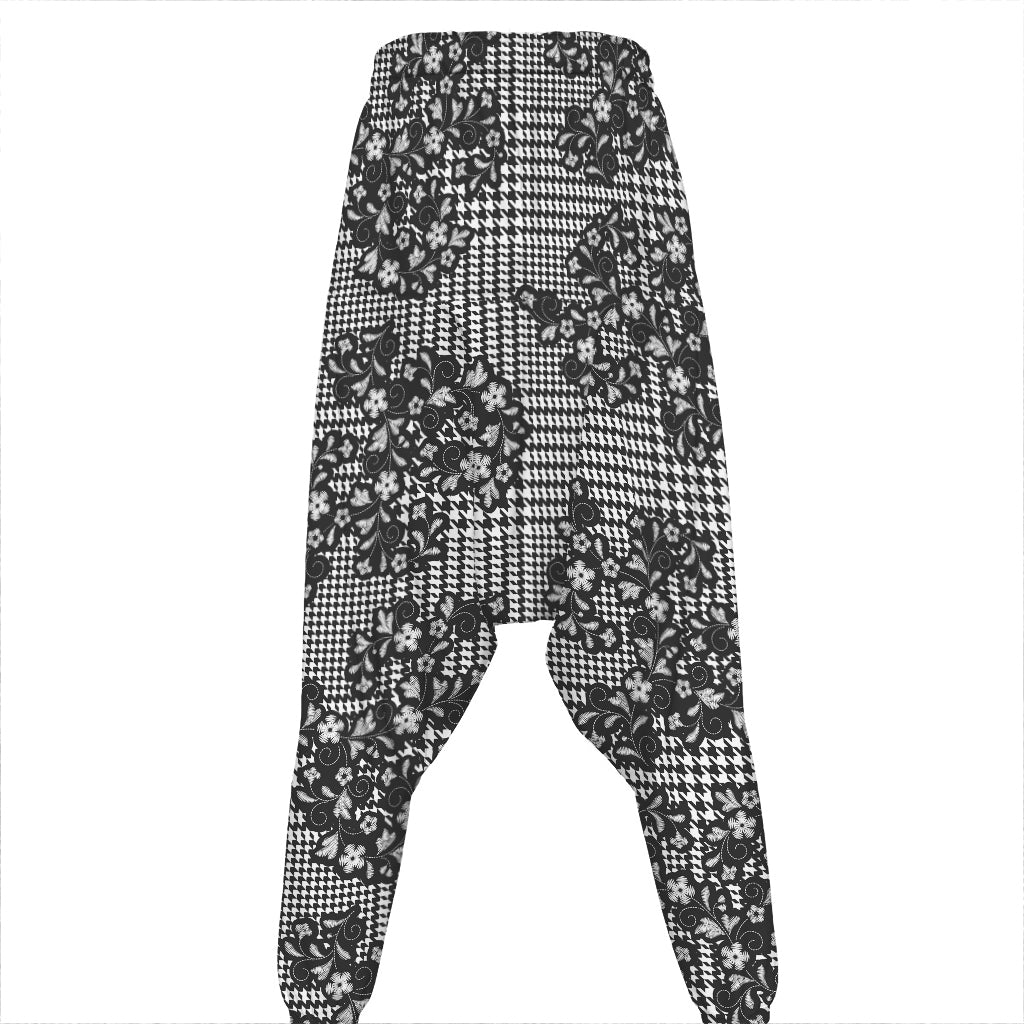 Black And White Floral Glen Plaid Print Hammer Pants