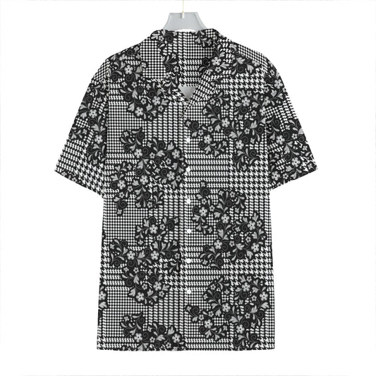 Black And White Floral Glen Plaid Print Hawaiian Shirt