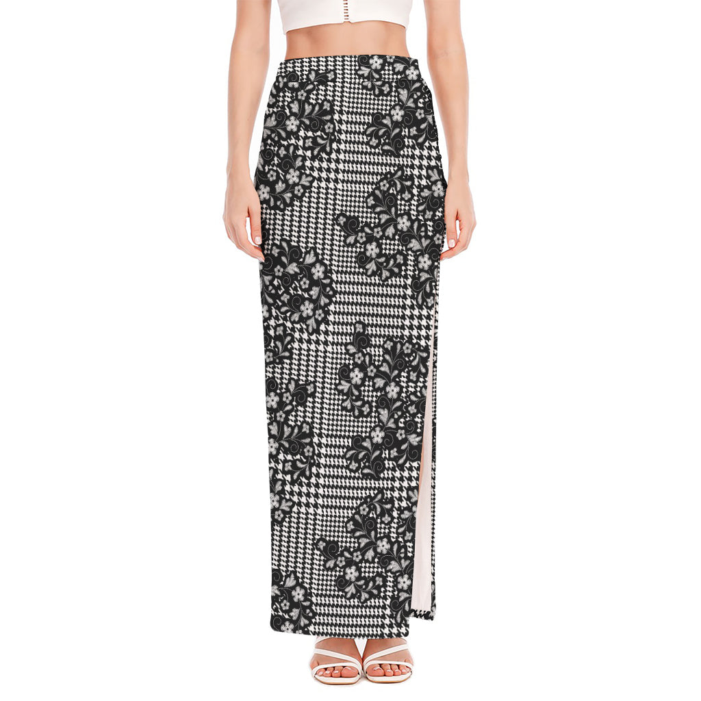 Black And White Floral Glen Plaid Print High Slit Maxi Skirt