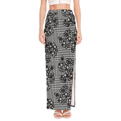 Black And White Floral Glen Plaid Print High Slit Maxi Skirt