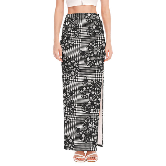Black And White Floral Glen Plaid Print High Slit Maxi Skirt