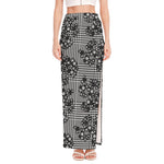 Black And White Floral Glen Plaid Print High Slit Maxi Skirt