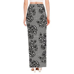 Black And White Floral Glen Plaid Print High Slit Maxi Skirt