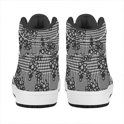 Black And White Floral Glen Plaid Print High Top Leather Sneakers