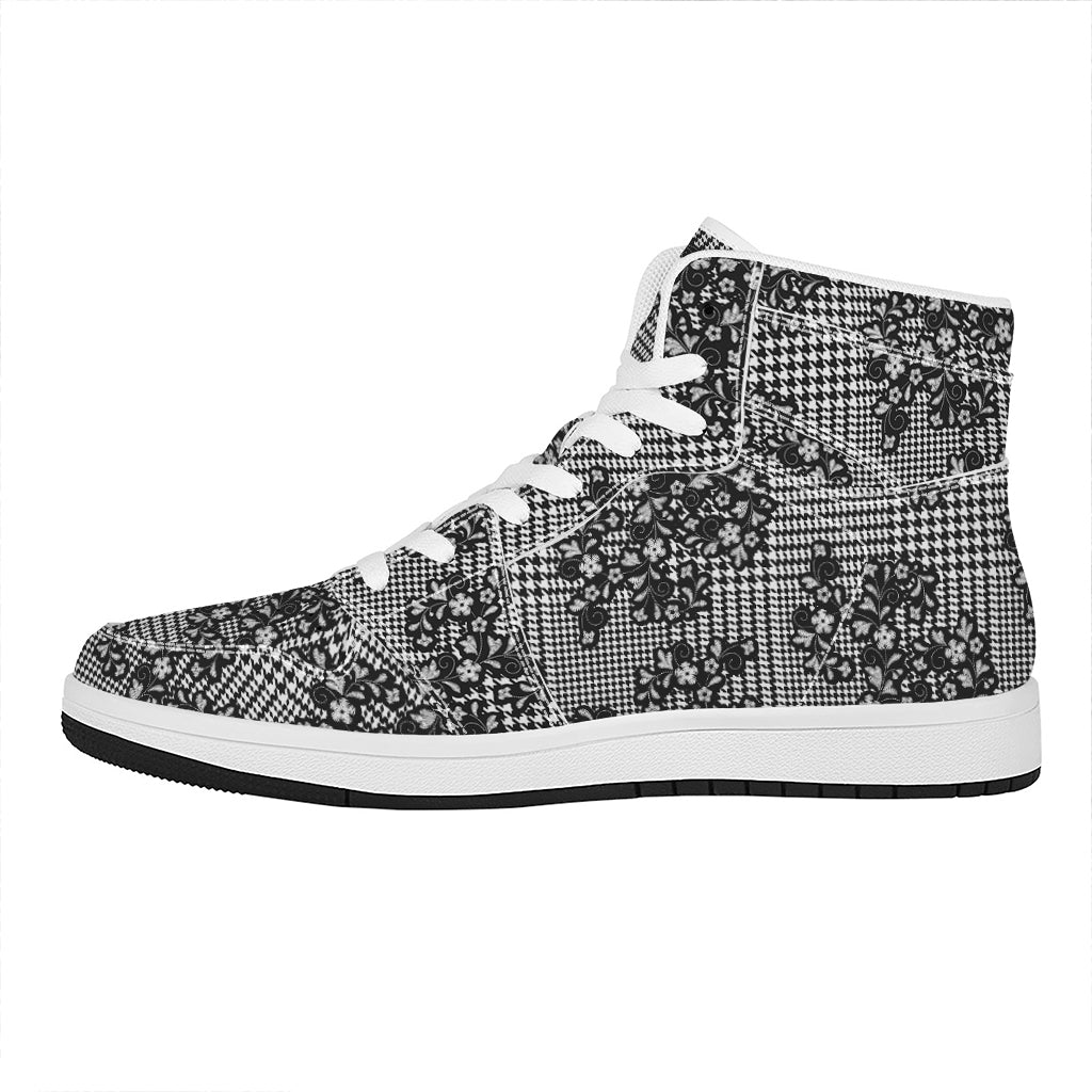 Black And White Floral Glen Plaid Print High Top Leather Sneakers