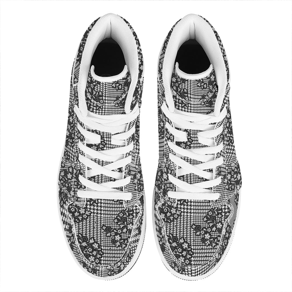 Black And White Floral Glen Plaid Print High Top Leather Sneakers