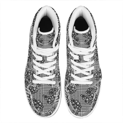 Black And White Floral Glen Plaid Print High Top Leather Sneakers