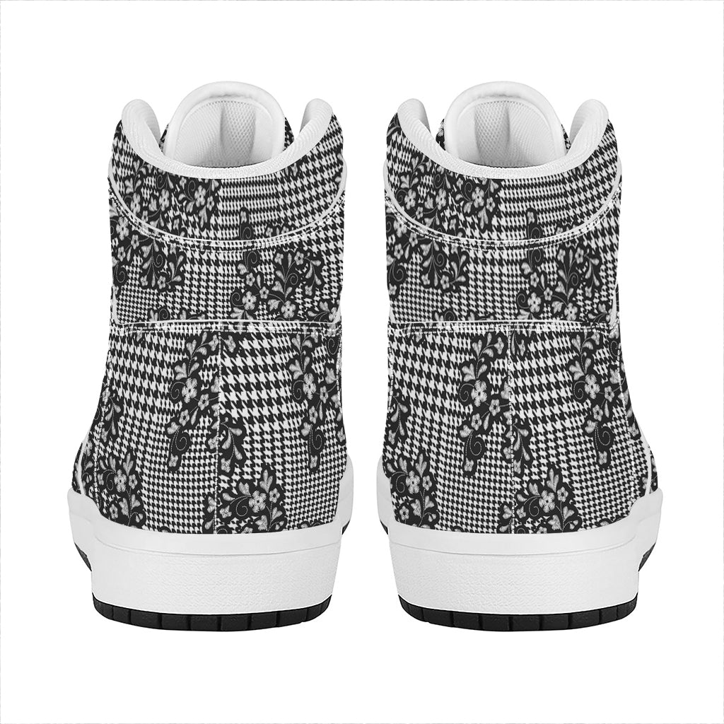 Black And White Floral Glen Plaid Print High Top Leather Sneakers