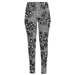 Black And White Floral Glen Plaid Print High-Waisted Pocket Leggings