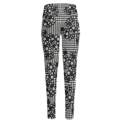 Black And White Floral Glen Plaid Print High-Waisted Pocket Leggings