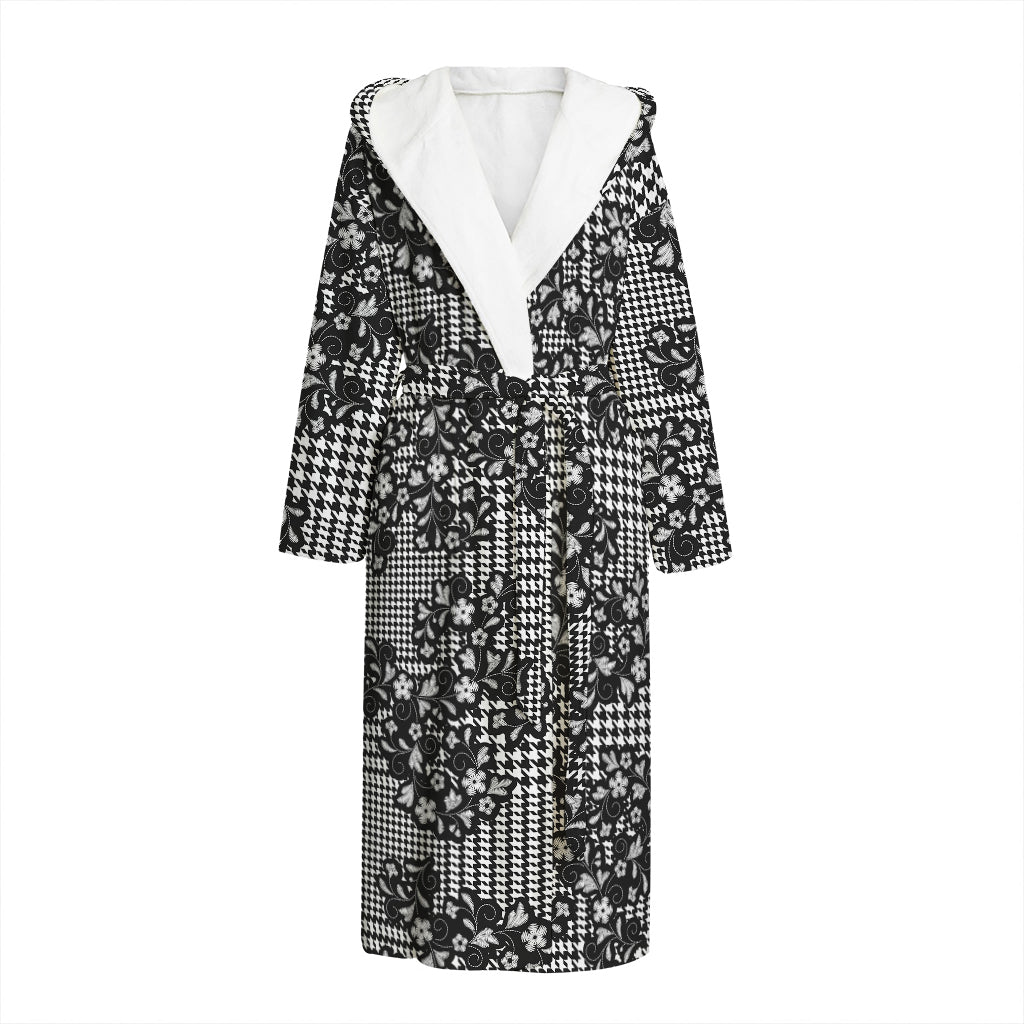 Black And White Floral Glen Plaid Print Hooded Bathrobe