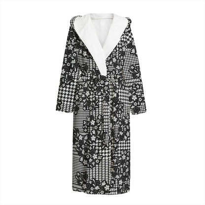 Black And White Floral Glen Plaid Print Hooded Bathrobe