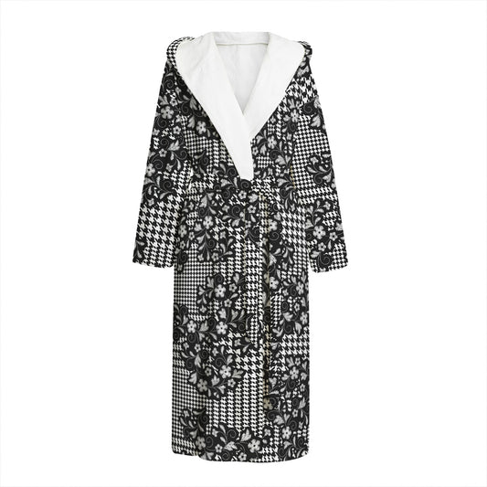 Black And White Floral Glen Plaid Print Hooded Bathrobe