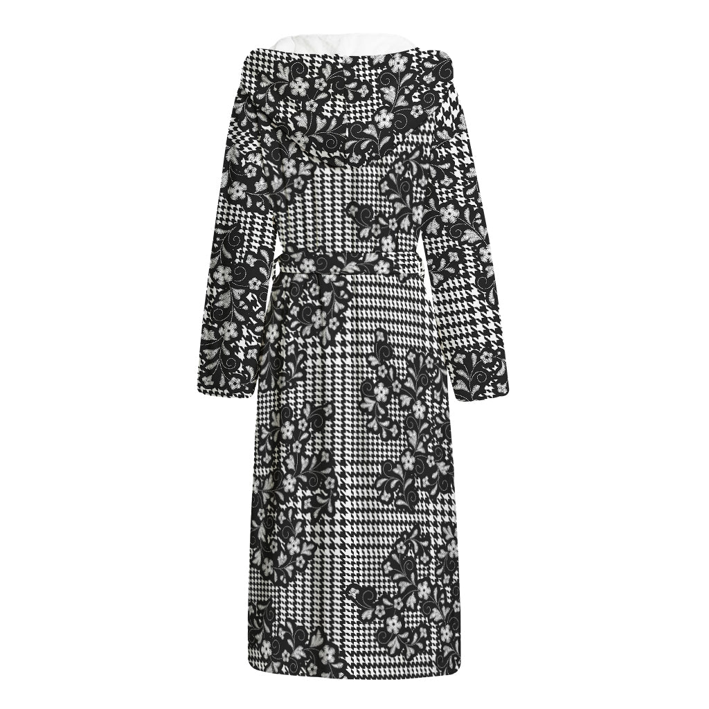 Black And White Floral Glen Plaid Print Hooded Bathrobe