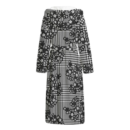 Black And White Floral Glen Plaid Print Hooded Bathrobe