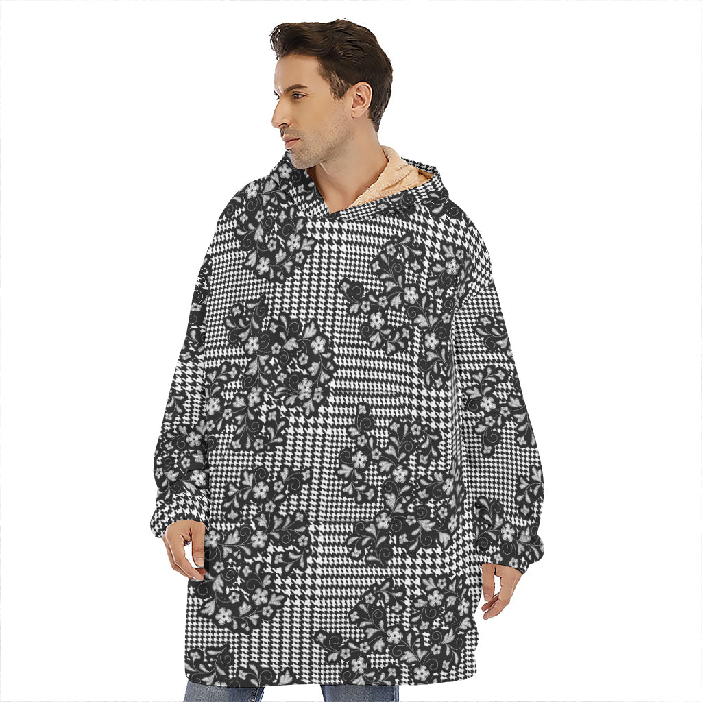 Black And White Floral Glen Plaid Print Hoodie Blanket