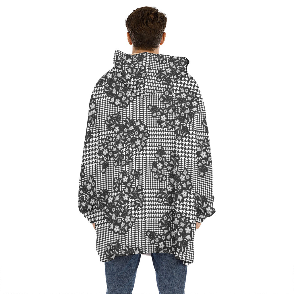 Black And White Floral Glen Plaid Print Hoodie Blanket