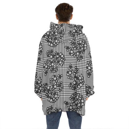 Black And White Floral Glen Plaid Print Hoodie Blanket