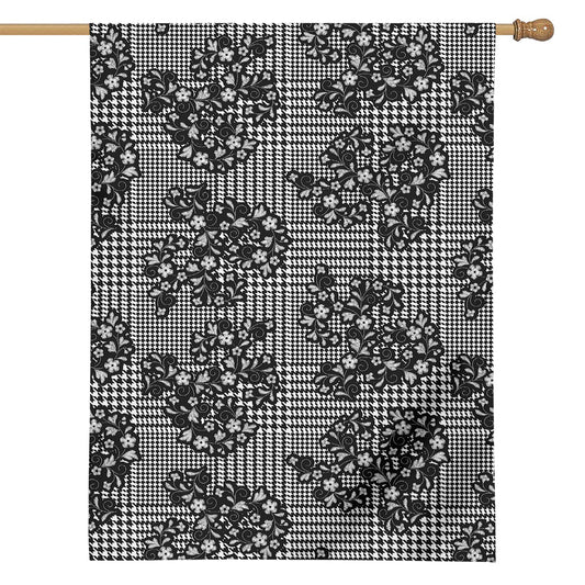 Black And White Floral Glen Plaid Print House Flag