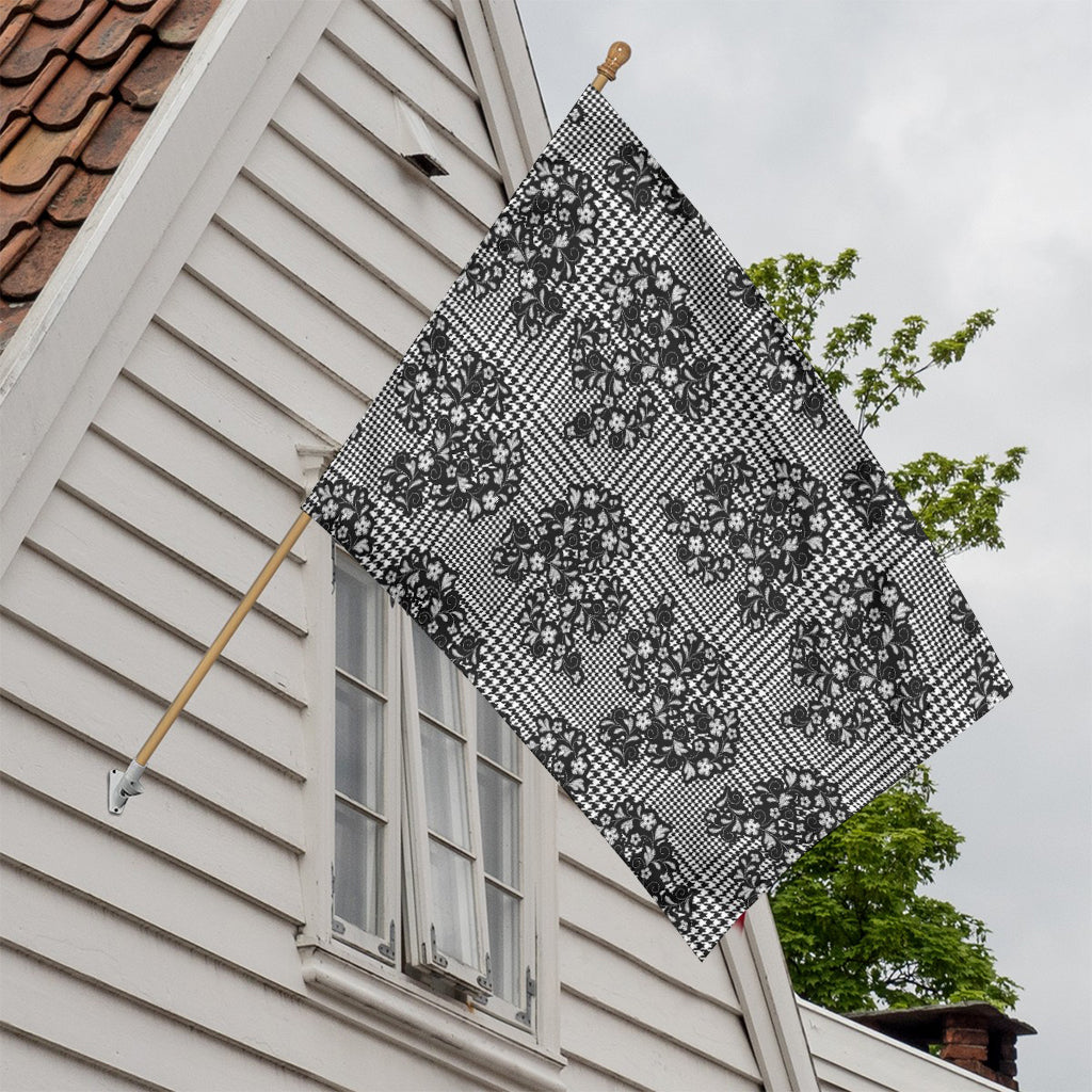 Black And White Floral Glen Plaid Print House Flag