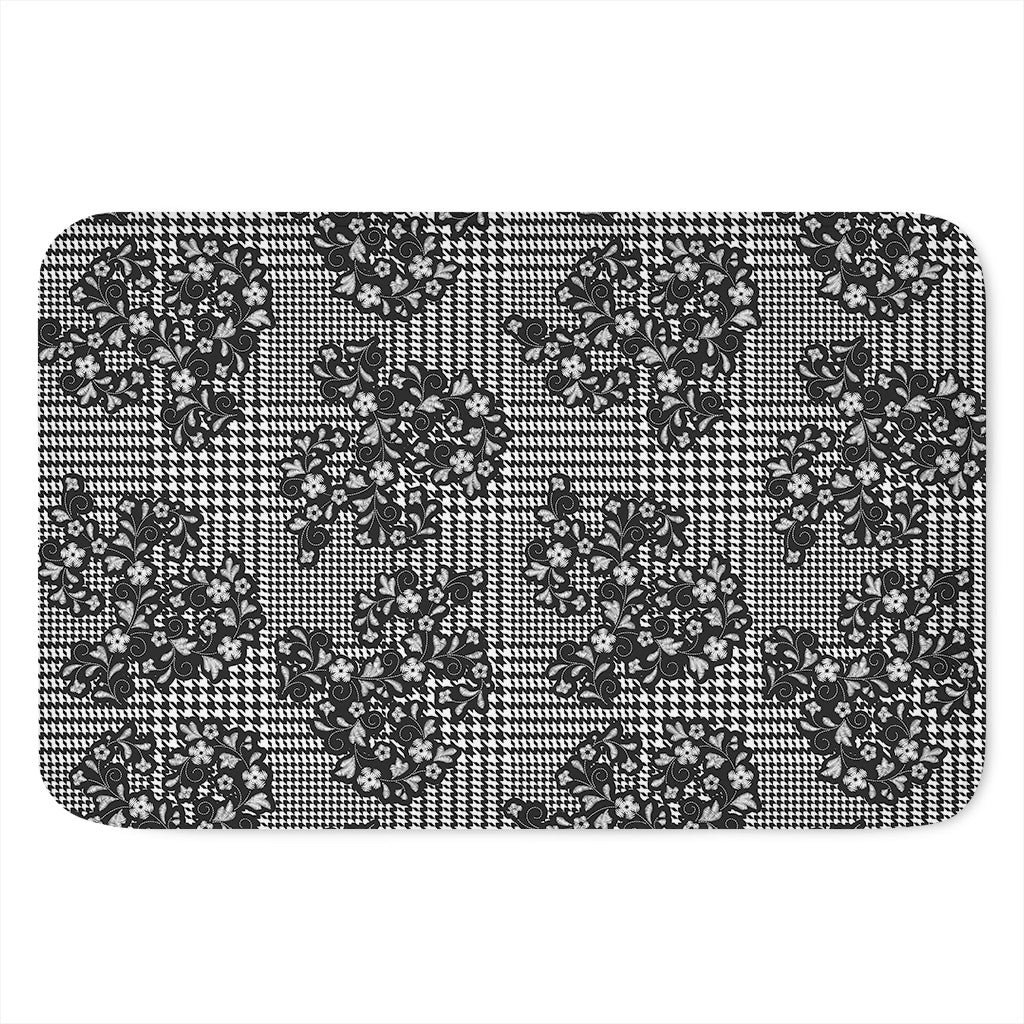 Black And White Floral Glen Plaid Print Indoor Door Mat