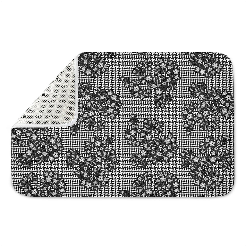Black And White Floral Glen Plaid Print Indoor Door Mat