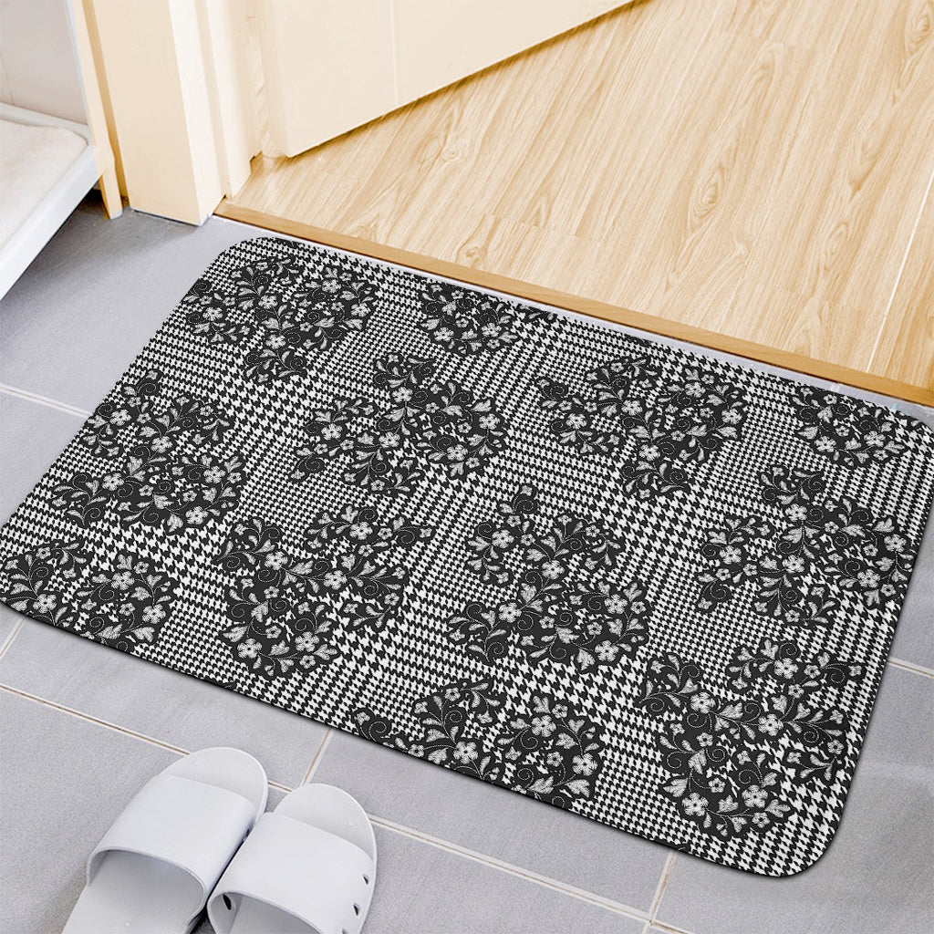 Black And White Floral Glen Plaid Print Indoor Door Mat