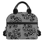 Black And White Floral Glen Plaid Print Insulated Lunch Bag