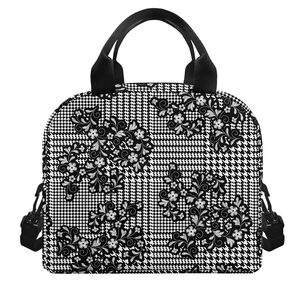 Black And White Floral Glen Plaid Print Insulated Lunch Bag