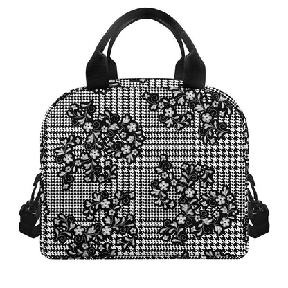 Black And White Floral Glen Plaid Print Insulated Lunch Bag