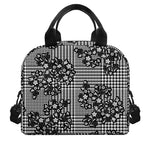 Black And White Floral Glen Plaid Print Insulated Lunch Bag