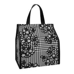 Black And White Floral Glen Plaid Print Insulated Lunch Tote