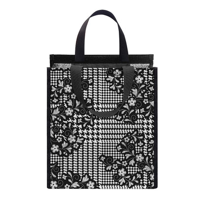 Black And White Floral Glen Plaid Print Insulated Lunch Tote