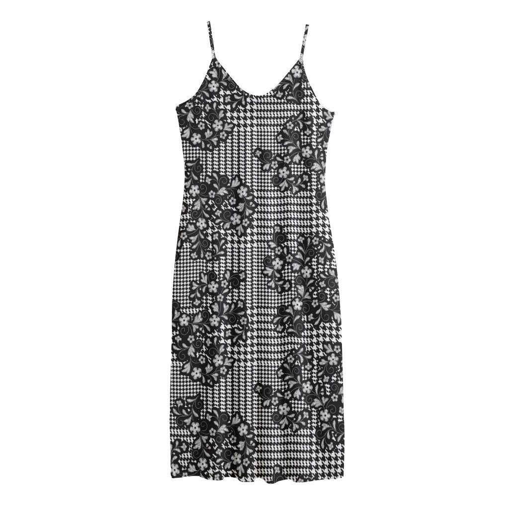 Black And White Floral Glen Plaid Print Jersey Midi Cami Dress