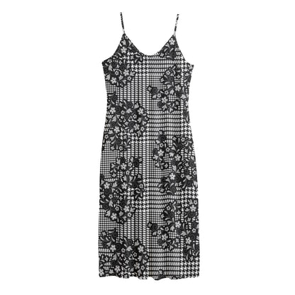 Black And White Floral Glen Plaid Print Jersey Midi Cami Dress