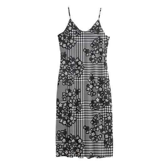 Black And White Floral Glen Plaid Print Jersey Midi Cami Dress
