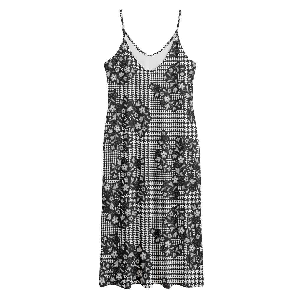 Black And White Floral Glen Plaid Print Jersey Midi Cami Dress