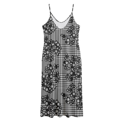 Black And White Floral Glen Plaid Print Jersey Midi Cami Dress