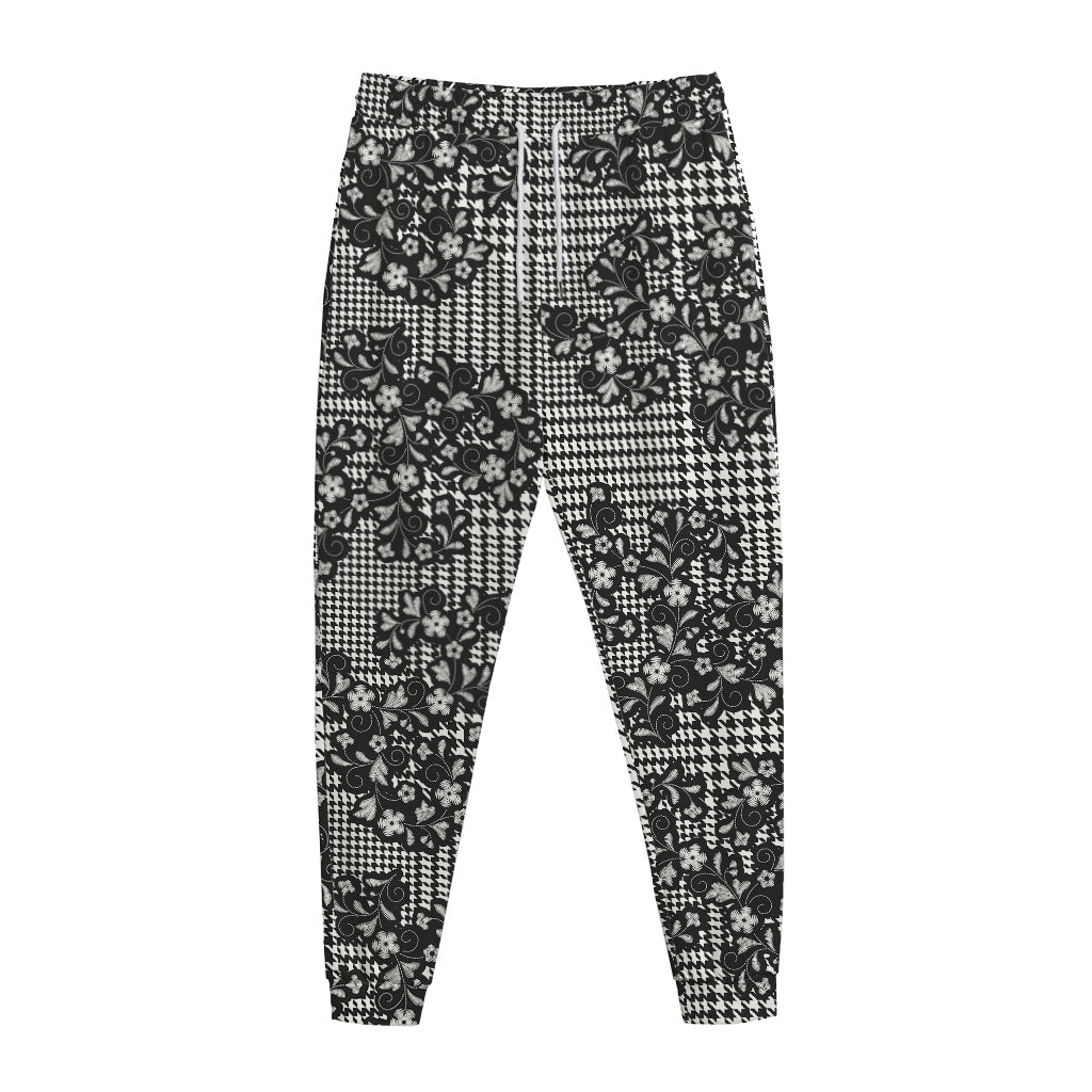 Black And White Floral Glen Plaid Print Jogger Pants