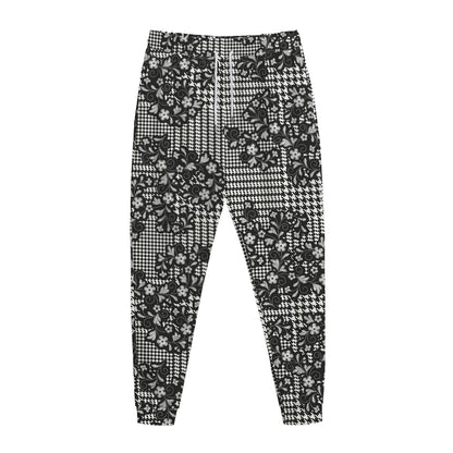 Black And White Floral Glen Plaid Print Jogger Pants