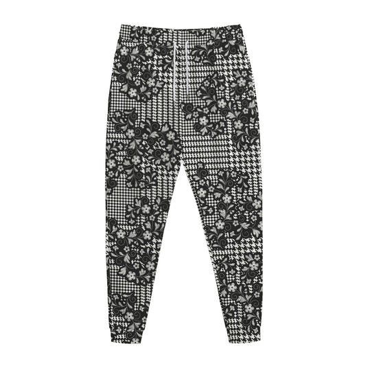 Black And White Floral Glen Plaid Print Jogger Pants