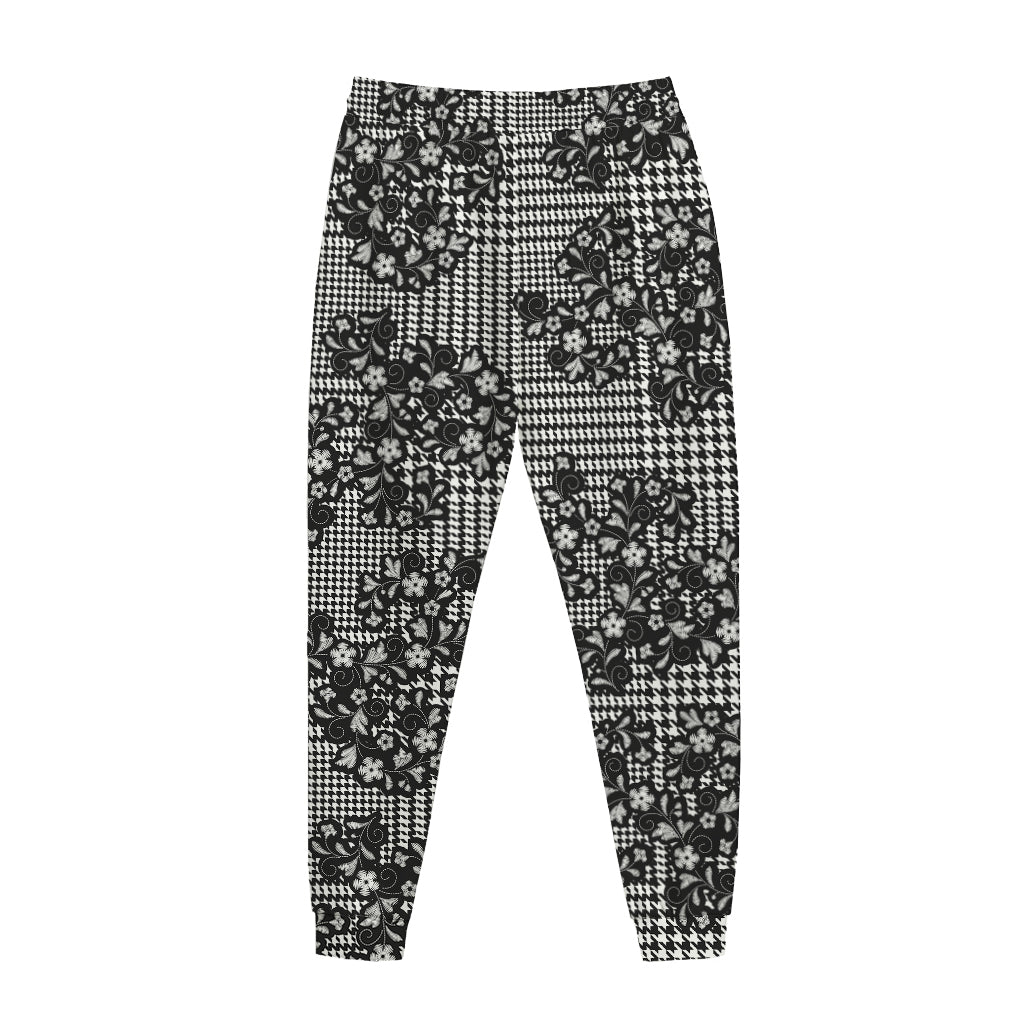 Black And White Floral Glen Plaid Print Jogger Pants
