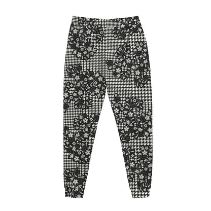 Black And White Floral Glen Plaid Print Jogger Pants