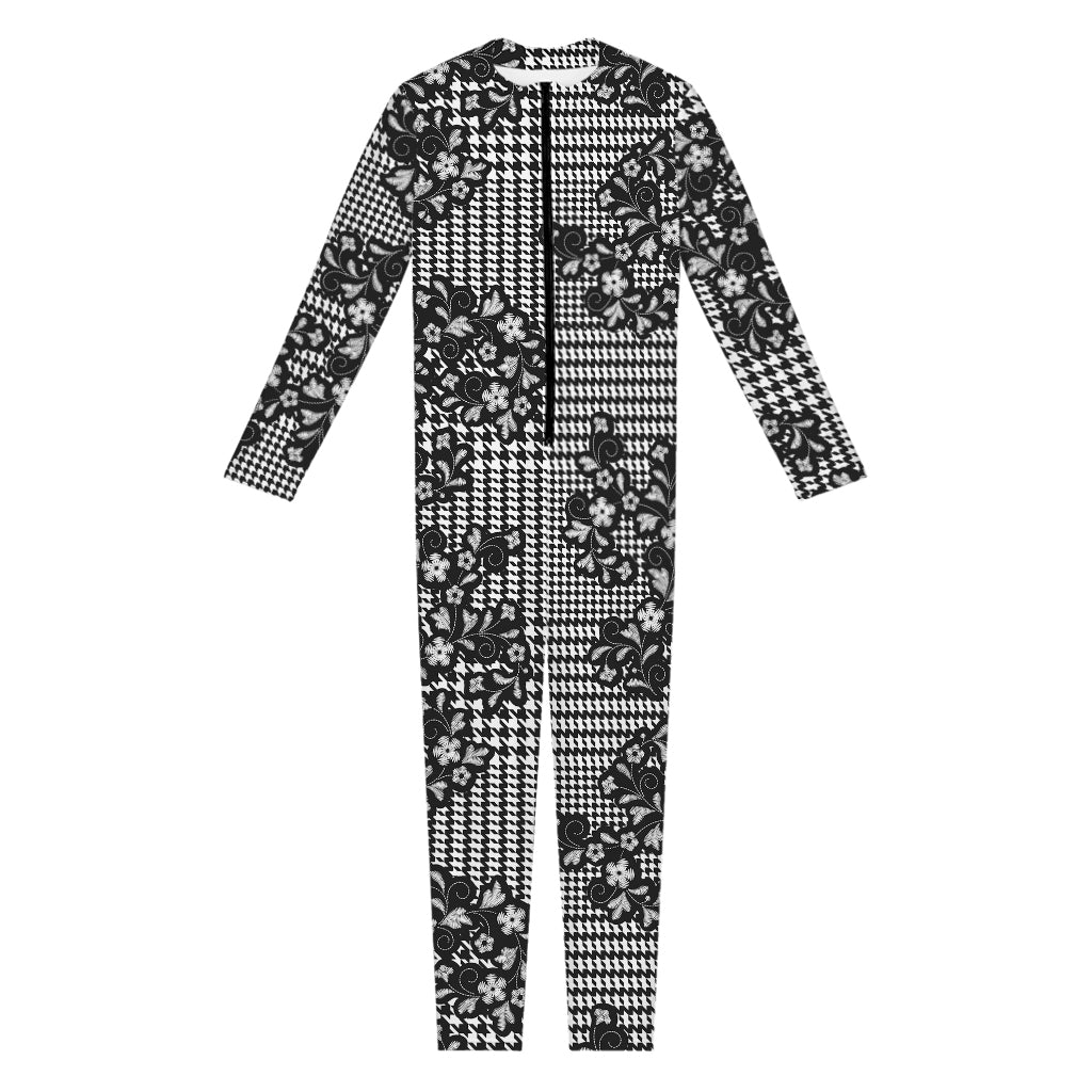 Black And White Floral Glen Plaid Print Jumpsuit