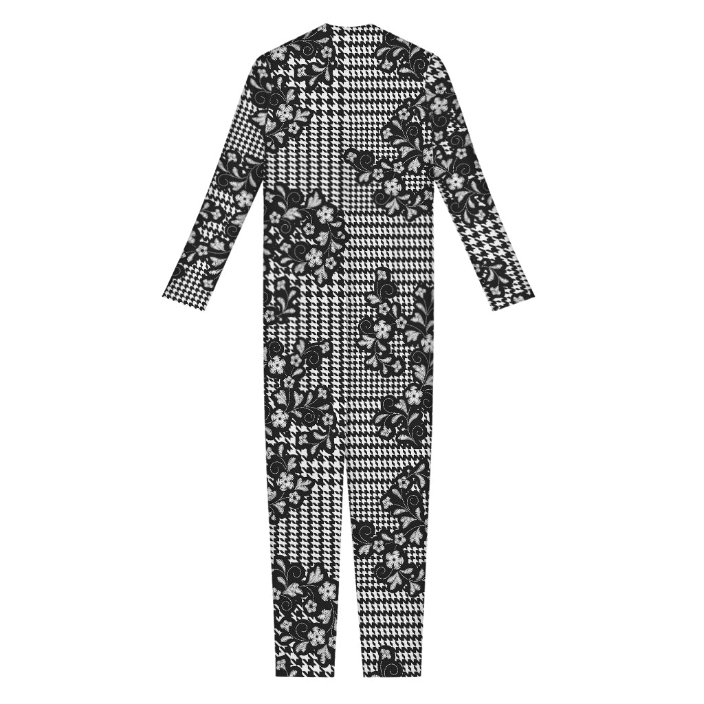 Black And White Floral Glen Plaid Print Jumpsuit