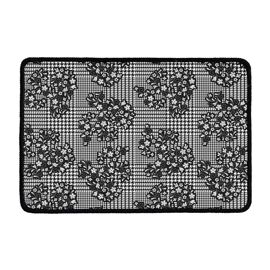 Black And White Floral Glen Plaid Print Kitchen Mat