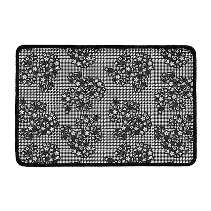 Black And White Floral Glen Plaid Print Kitchen Mat