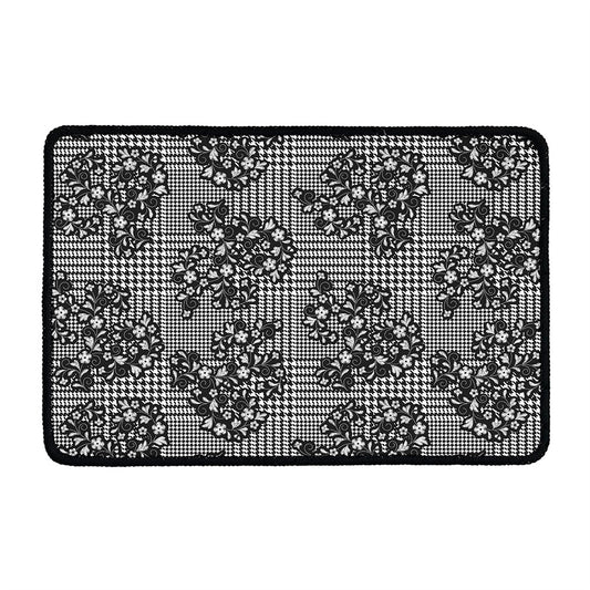 Black And White Floral Glen Plaid Print Kitchen Mat